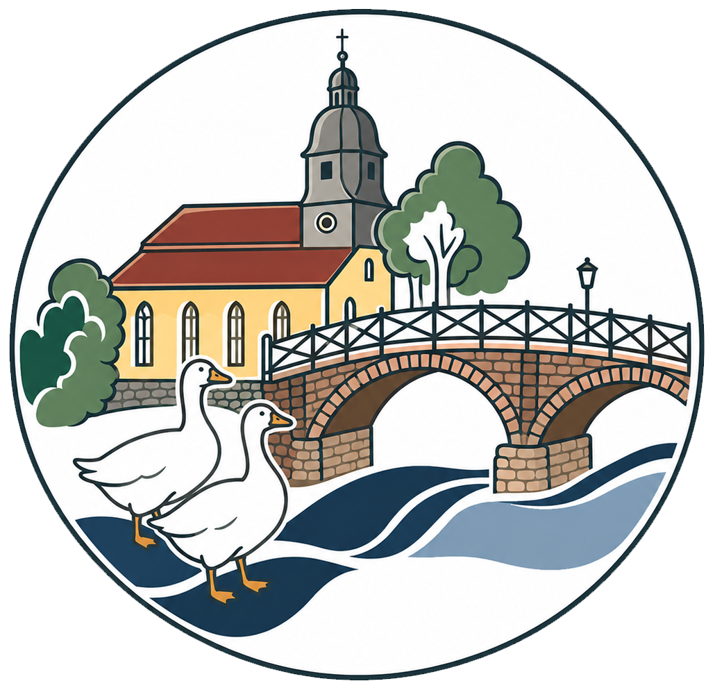 Emblem von mecklar.de mit Kirche, Fuldabrücke und Gänsen